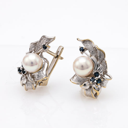 M Estate Collection Dangle Color Gemstone Earrings in 14 Karat White with 2 Cultured Rose' Pearls