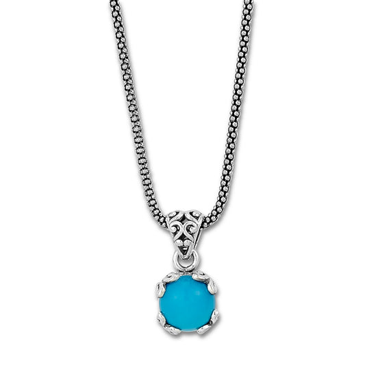 Pendant Color Gemstone Necklace in Sterling Silver White with 1 Round Turquoise 7mm-7mm