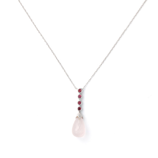 Drop M Estate Collection Color Gemstone Necklace in 14 Karat White with 1 Tear Drop Rose Quartz 17mm-17mm