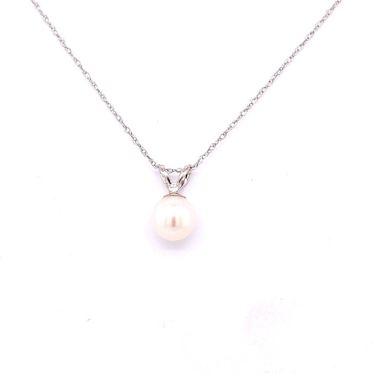 Pendant Color Gemstone Necklace in 14 Karat White with 1 Freshwater Pearl 5.5mm-5.5mm