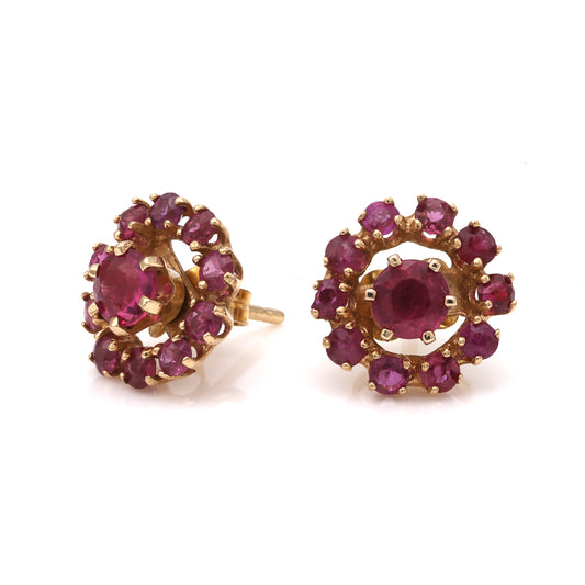 M Estate Collection Enhancer Color Gemstone Earrings in 14 Karat Yellow with 20 Round Rubies 0.80ctw