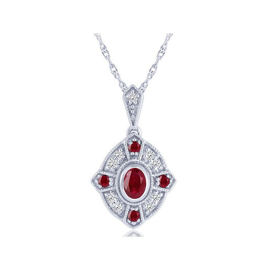 Equity Diamond Brokers Pendant Color Gemstone Necklace in 14 Karat White Gold with 5 Various Shapes Rubies 0.33ctw