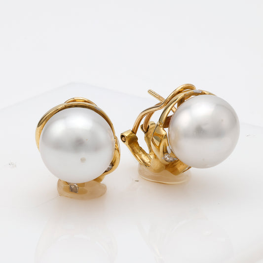 ReMARKable Estate M Estate Collection Huggie Color Gemstone Earrings in 18 Karat Yellow Gold with 2 Round White Pearls 11.5mm-12mm