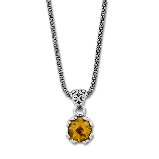 Pendant Color Gemstone Necklace in Sterling Silver White with 1 Round Citrine 7mm-7mm