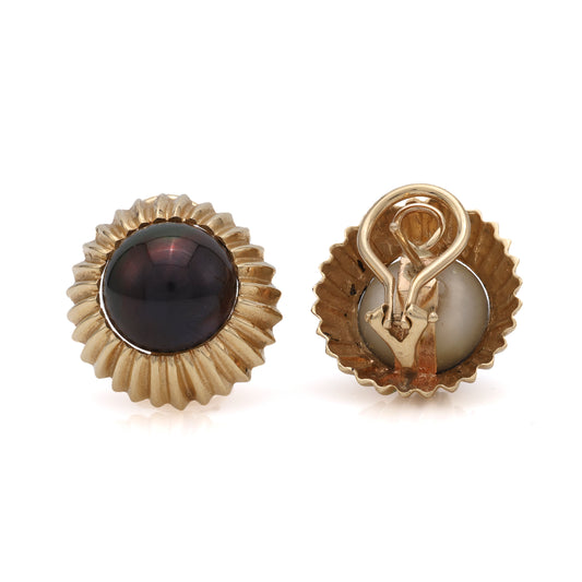 M Estate Collection Stud Color Gemstone Earrings in 14 Karat Yellow with 2 Mabe' Black Pearls