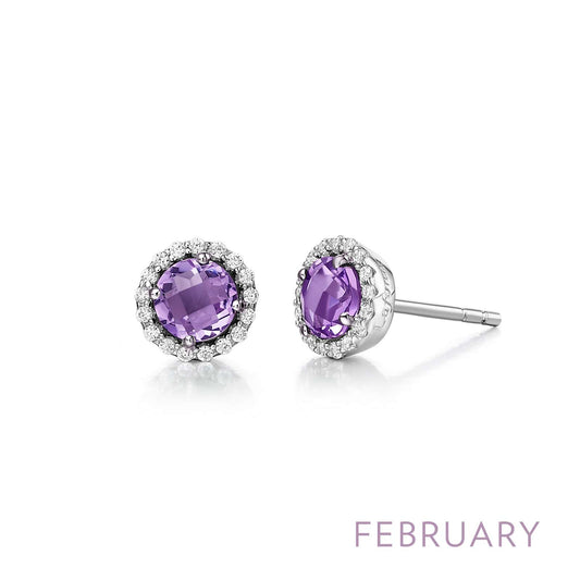 Stud Color Gemstone Earrings in Platinum Bonded Sterling Silver White with 2 Round Amethysts 5mm