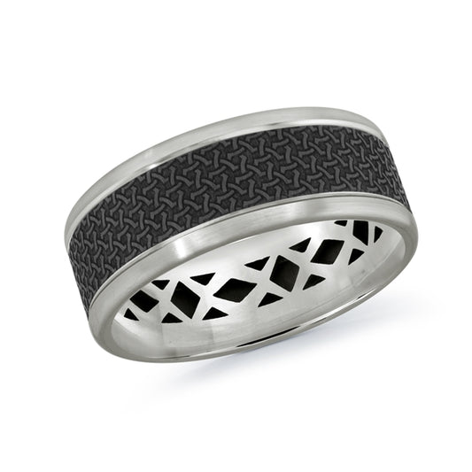 Carved Band (No Stones) in Carbon Fiber - 14 Karat White - Black 8MM