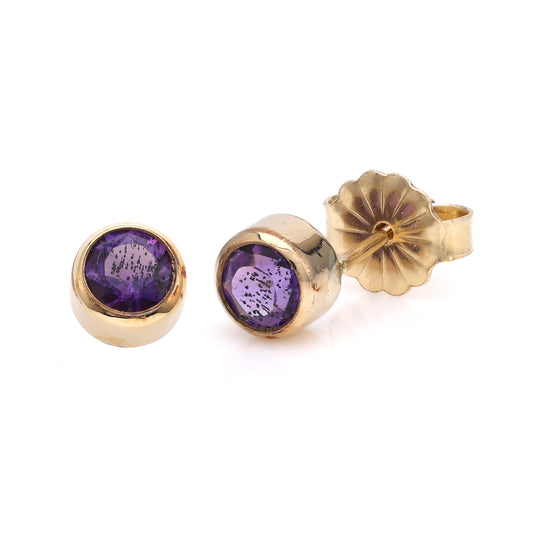 M Estate Collection Stud Color Gemstone Earrings in 14 Karat Yellow with 2 Round Amethysts