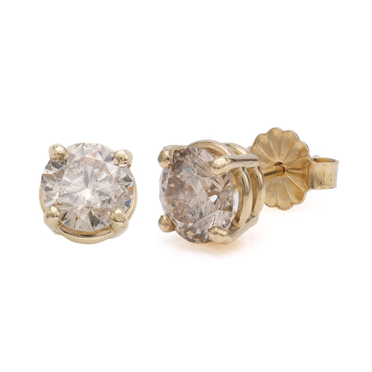 M Estate Collection Stud Natural Diamond Earrings in 14 Karat Yellow with 1.78ctw Brown I1 Round Diamonds