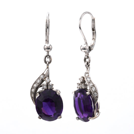 M Estate Collection Dangle Color Gemstone Earrings in 18 Karat White with 2 Oval Amethysts 9.24ctw 12mm