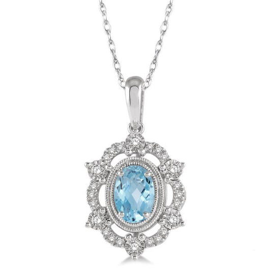 Pendant Color Gemstone Necklace in 10 Karat White with 1 Oval Aquamarine 6mm-6mm