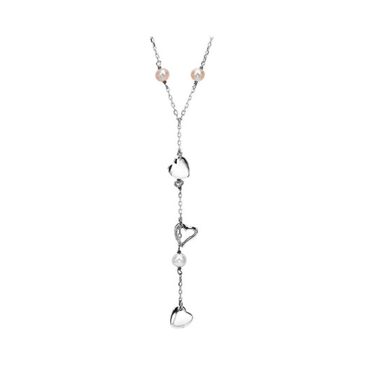 Lariat Color Gemstone Necklace in Sterling Silver White with 5 Freshwater Pink Pearls