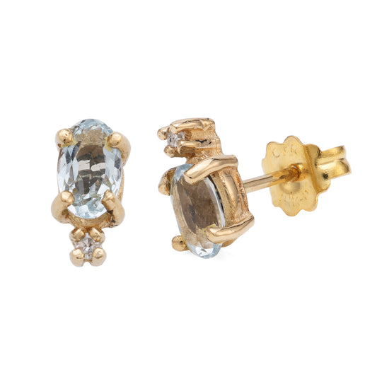 M Estate Collection Stud Color Gemstone Earrings in 14 Karat Yellow with 2 Oval Simulated Aquamarines 5mm