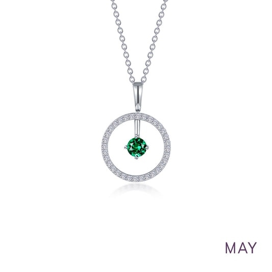 Lafonn Pendant Simulated Emerald Necklace in Platinum Bonded Sterling Silver White with 1 Round Simulated Emerald