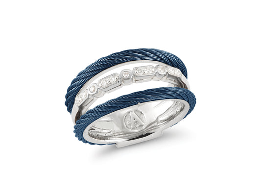 Natural Diamond Fashion Ring in Stainless Steel Cable - 18 Karat White - Blue