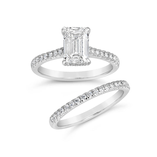 Side Stone Hidden Accent Lab-Grown Diamond Complete Wedding Set in 14 Karat White with 1 Emerald Lab Grown Diamond, Color: G, Clarity: VS1, totaling 2.03ctw