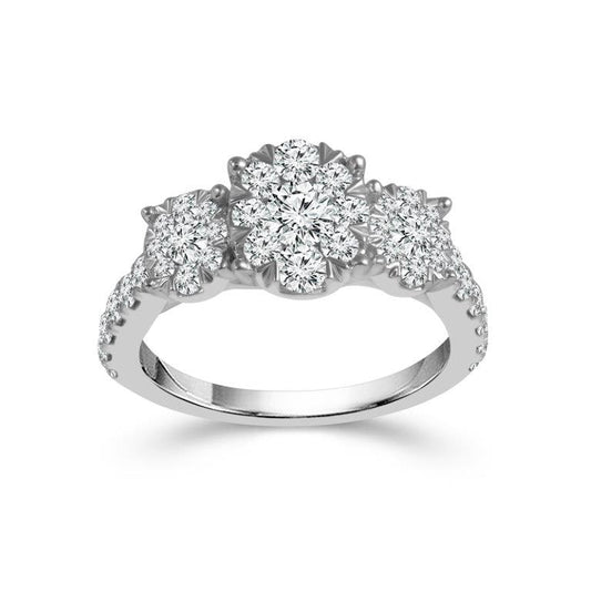 Three Stone Hidden Accent Cluster Natural Diamond Complete Engagement Ring in 14 Karat White with 0.95ctw J/K I1-I2 Round Diamonds