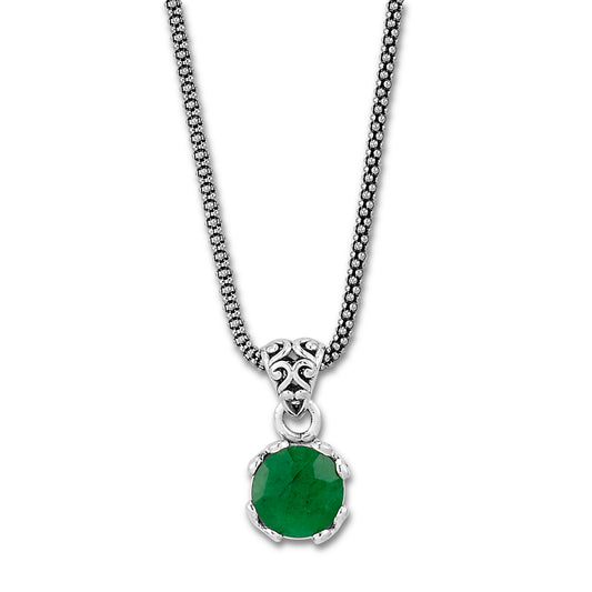 Pendant Color Gemstone Necklace in Sterling Silver White with 1 Round Emerald 7mm-7mm