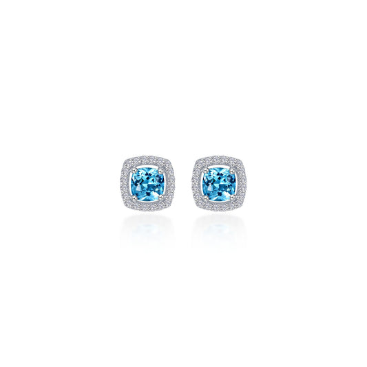 Stud Color Gemstone Earrings in Platinum Bonded Sterling Silver White with 2 Cushion Simulated Blue Topaz