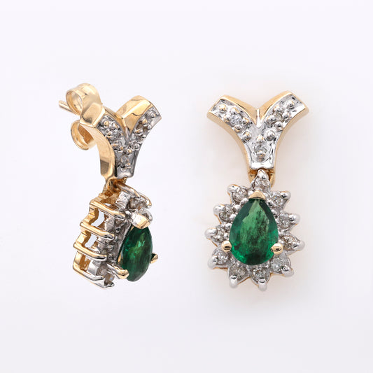 M Estate Collection Dangle Color Gemstone Earrings in 14 Karat Yellow with 2 Pear Emeralds 0.65ctw 6mm