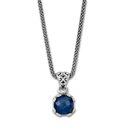 Pendant Color Gemstone Necklace in Sterling Silver White with 1 Round Sapphire 7mm-7mm