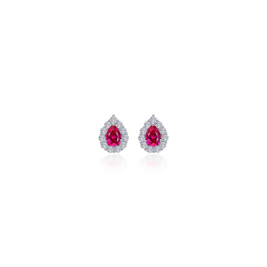 Stud Color Gemstone Earrings in Platinum Bonded Sterling Silver White with 2 Pear Simulated Rubies