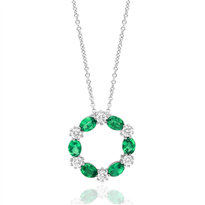 ReMARKABLE Designs Circle Color Gemstone Necklace in 14 Karat White Gold with 6 Oval Emeralds 0.93ctw