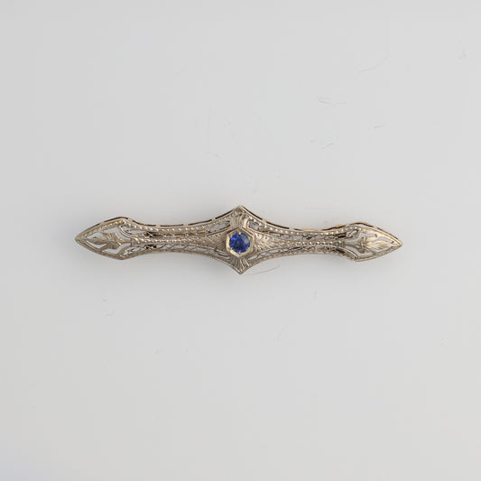 14k White Gold Filigree Synthetic Sapphire Bar Pin