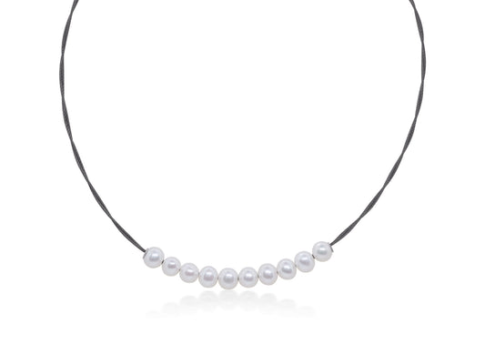 Choker Color Gemstone Necklace in Stainless Steel White - Black with 10 Freshwater Pearls 6mm-6.5mm