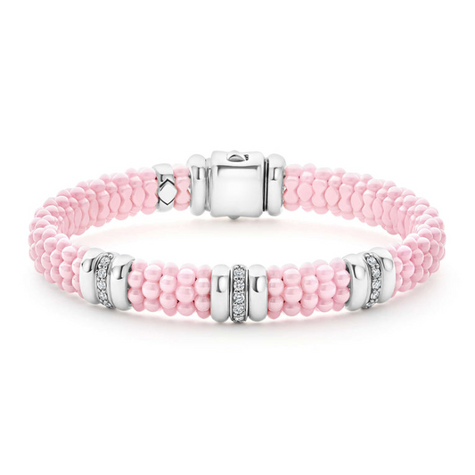 LAGOS Pink Caviar Collection Natural Diamond Bracelet in Sterling Silver Ceramic White Yellow with 0.285ctw G/H SI1-SI2 Round Diamonds