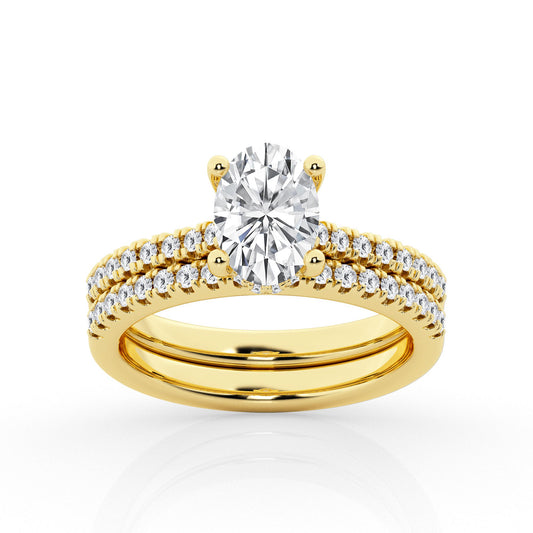 Side Stone Hidden Accent Lab-Grown Diamond Complete Wedding Set in 14 Karat Yellow with 1 Oval Lab Grown Diamond, Color: G, Clarity: VS1, totaling 2.55ctw